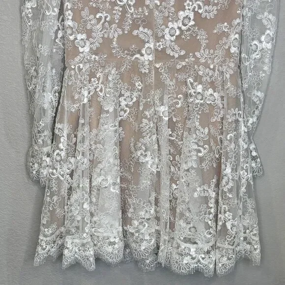 Helsi Dress Womens Medium White Lace Floral Fit Flare Long Sleeve Mini V Neck - Picture 13 of 14